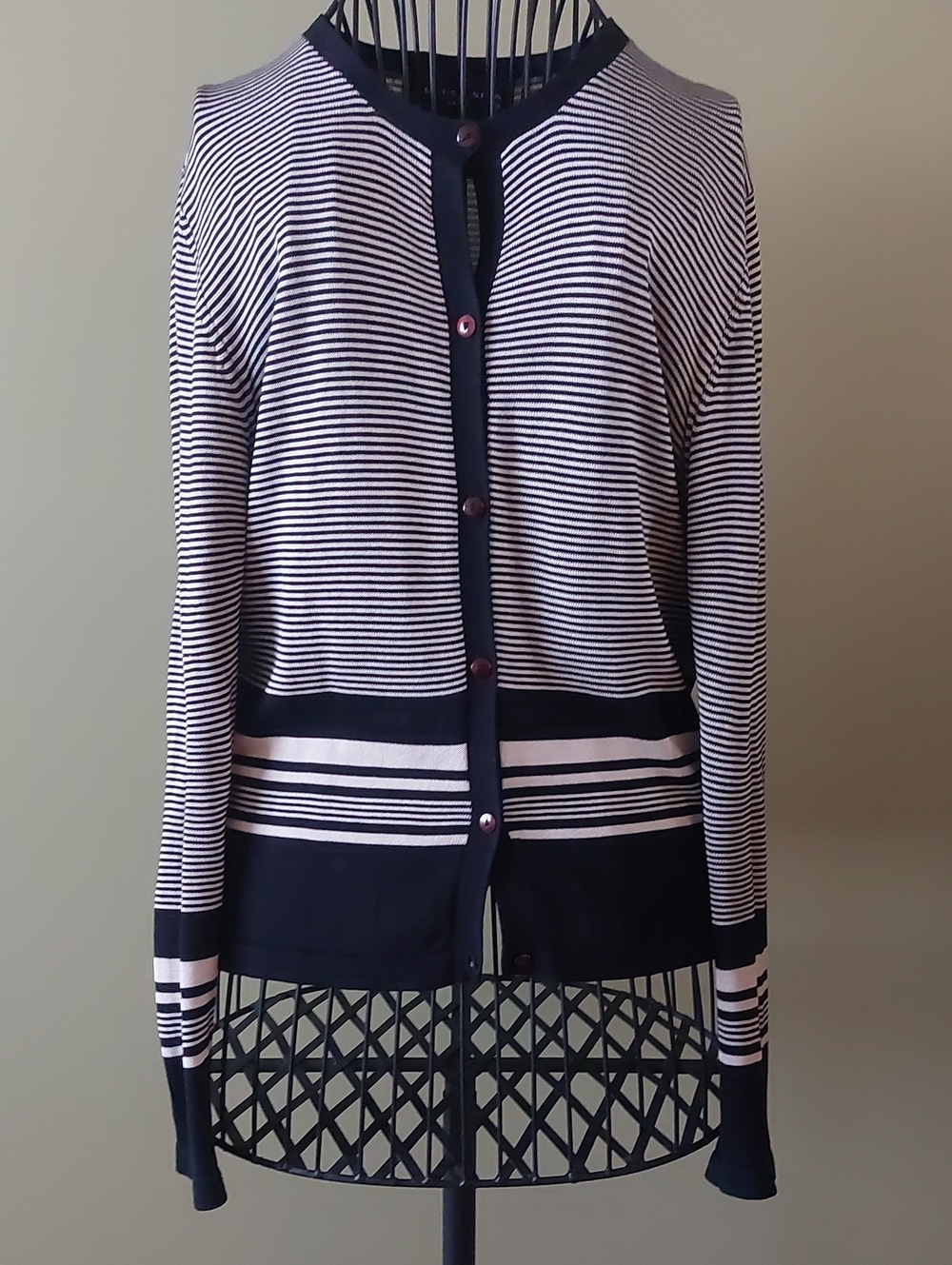 august silk Navy and White Striped Button Cardigan